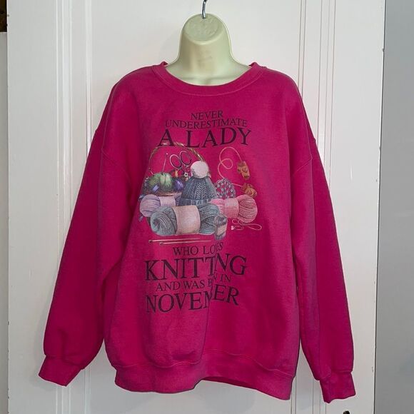Gildan bright pink sweatshirt with knitting & November birthday theme - Picture 1 of 6